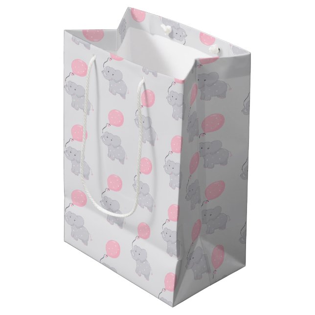 Cute Elephant with Balloon | Baby Girl Medium Gift Bag (Front Angled)