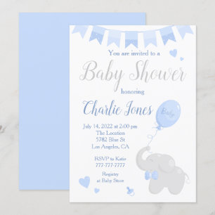 Cute Elephant with Balloon Baby Shower Boy Invitation