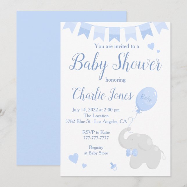 Cute Elephant with Balloon Baby Shower Boy Invitation (Front/Back)
