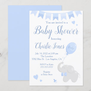 Cute Elephant with Balloon Baby Shower Boy Invitation