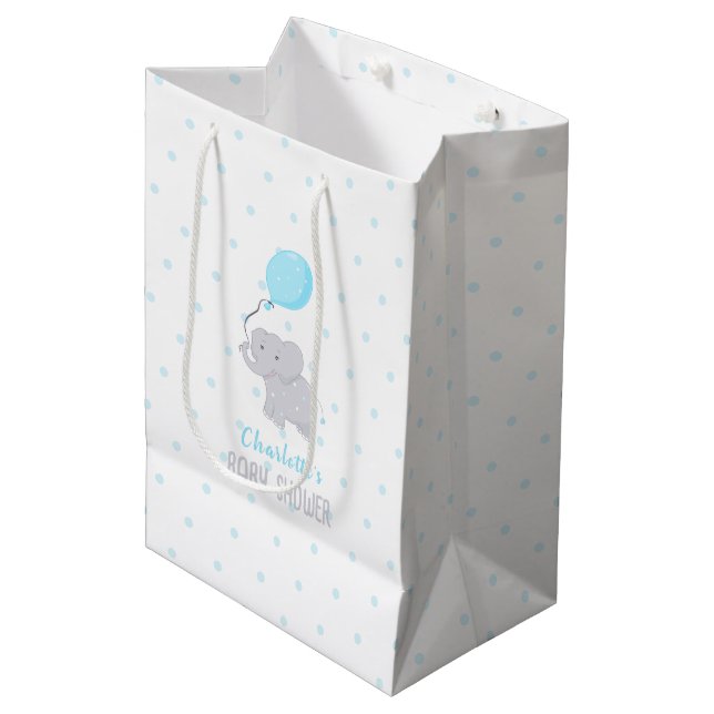 Cute Elephant with Balloon Baby Shower Boy Medium Gift Bag (Front Angled)