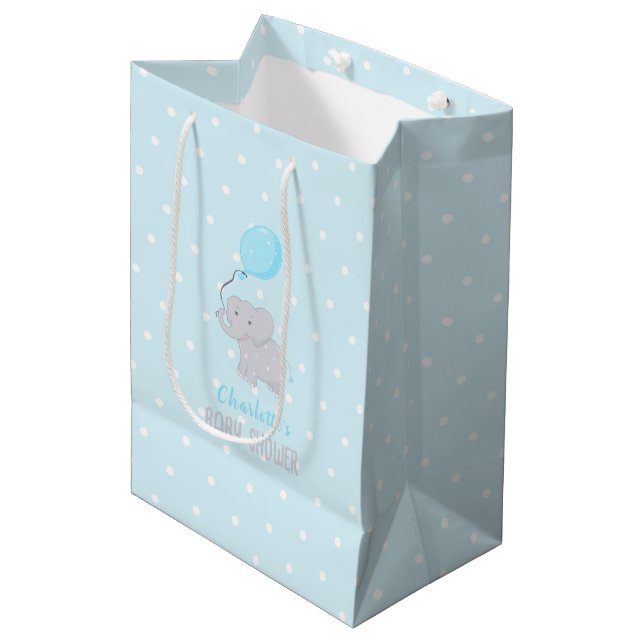Cute Elephant with Balloon Baby Shower Boy Medium Gift Bag (Front Angled)