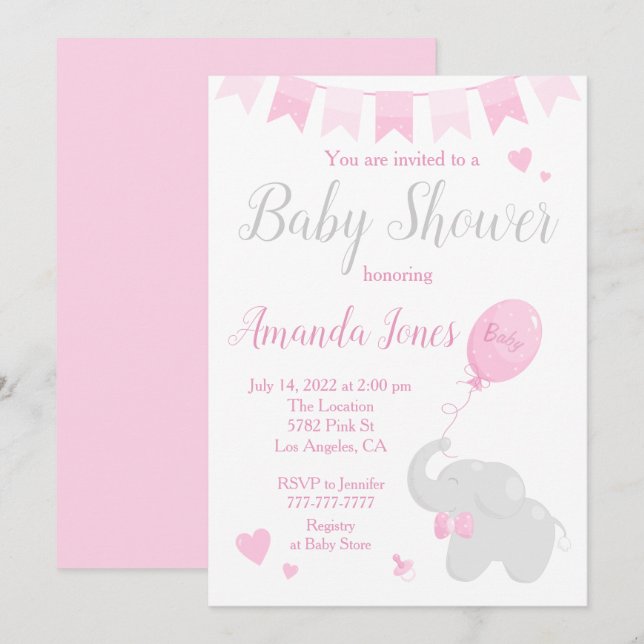 Cute Elephant with Balloon Baby Shower Girl Invitation (Front/Back)