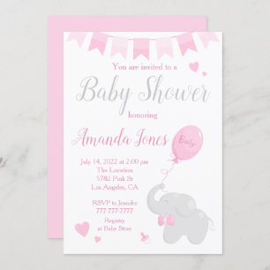 Cute Elephant with Balloon Baby Shower Girl Invitation