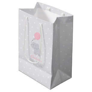 Cute Elephant with Balloon Baby Shower Girl Medium Gift Bag