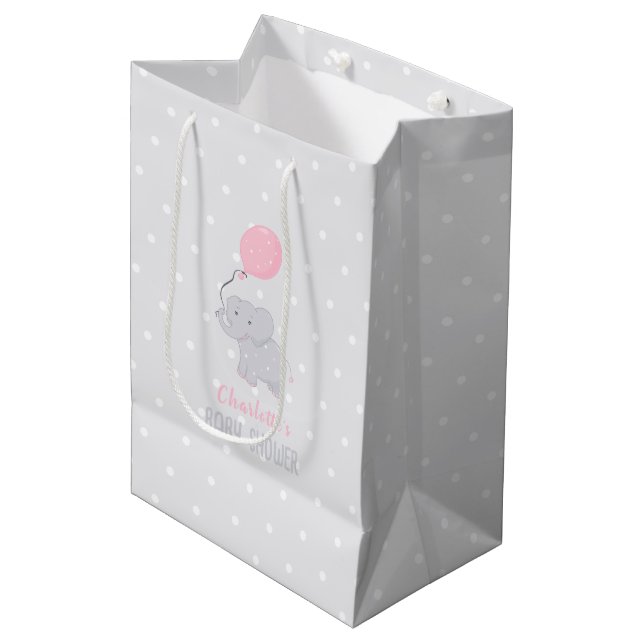 Cute Elephant with Balloon Baby Shower Girl Medium Gift Bag (Front Angled)