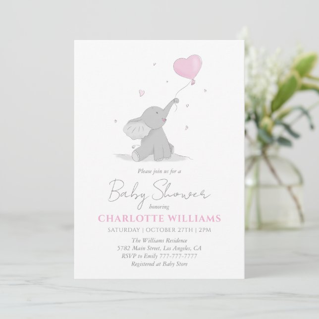 Cute Elephant with Balloon Baby Shower Invitation (Standing Front)