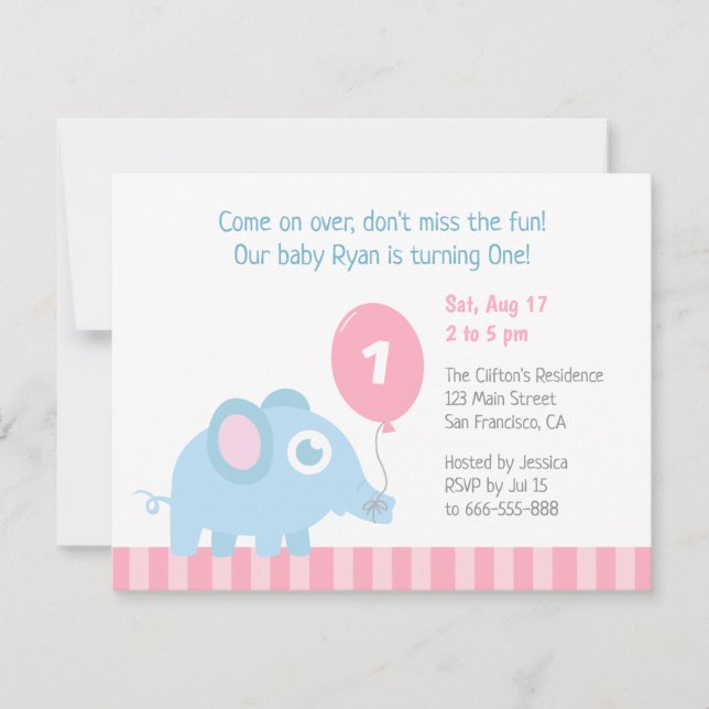 Cute Elephant with Balloon Kids First Birthday Invitation (Front)
