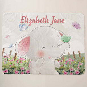 Cute Elephant with Birds Blush Floral Landscape Sherpa Blanket