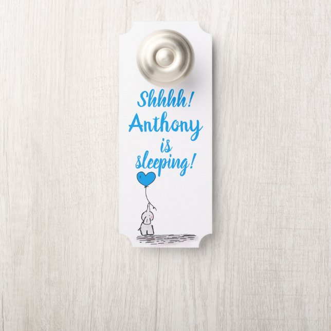 Cute Elephant With Blue Balloon Baby Is Sleeping Door Hanger (On Knob)