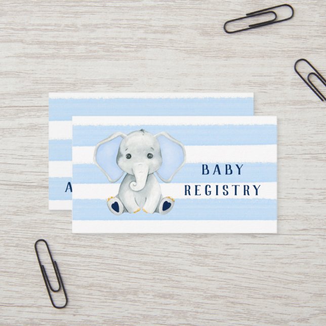 Cute Elephant With Blue Stripes Baby Registry Business Card (Front/Back In Situ)