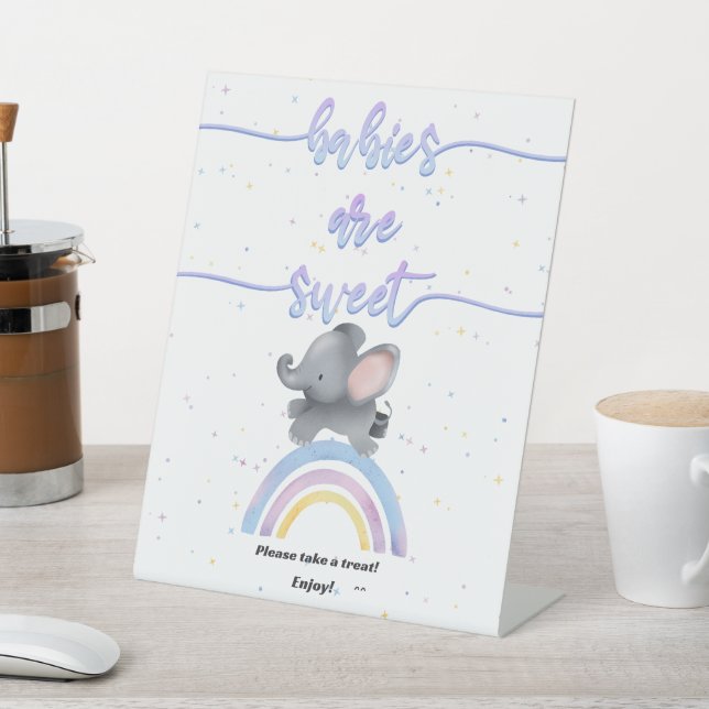 Cute Elephant with Colourful Rainbow Baby Shower Pedestal Sign (In SItu)