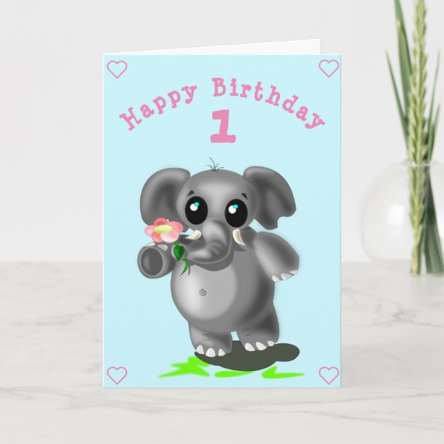 Cute Elephant with Flower Birthday Card (Front)