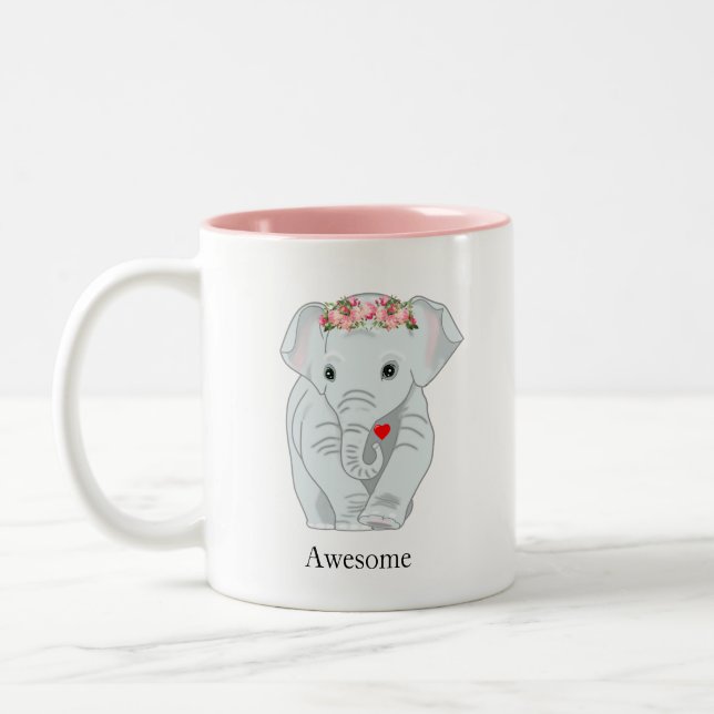 Cute Elephant with Flower Crown  Holding a Heart Two-Tone Coffee Mug (Left)