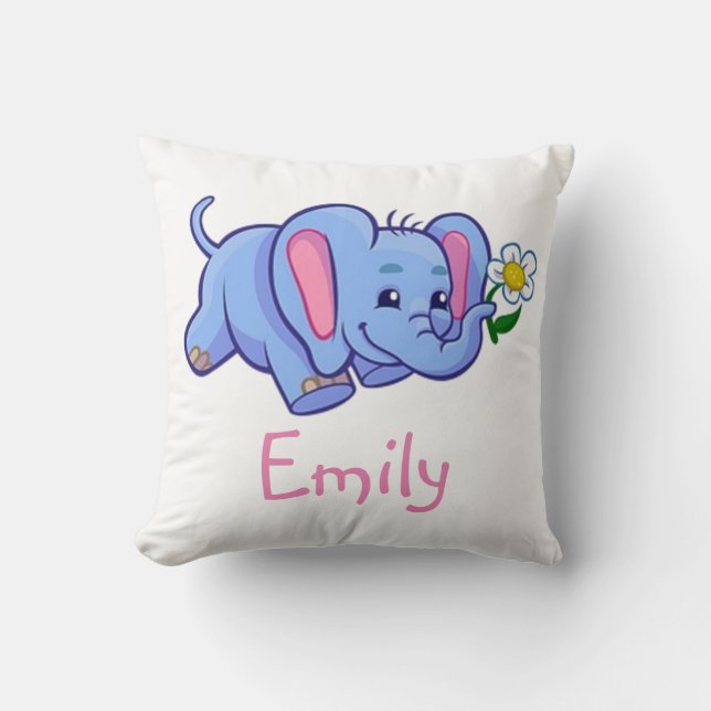 Cute Elephant with Flower Jungle Animal Kids Name Cushion (Front)