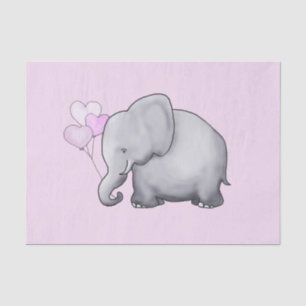 Cute Elephant with Heart Balloons Pink Baby Shower Tissue Paper