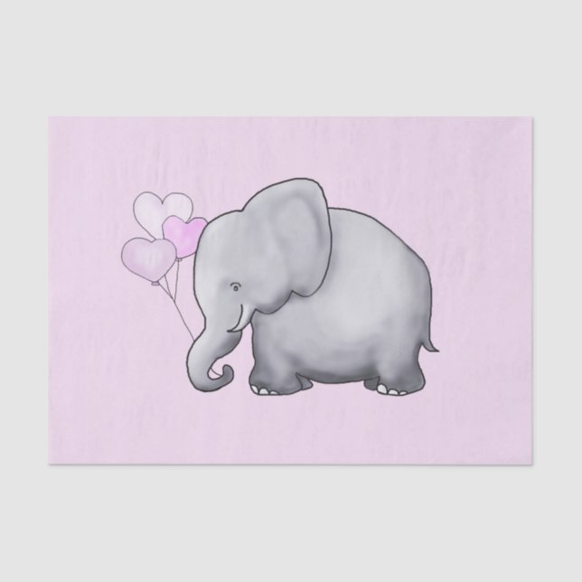 Cute Elephant with Heart Balloons Pink Baby Shower Tissue Paper (Front)
