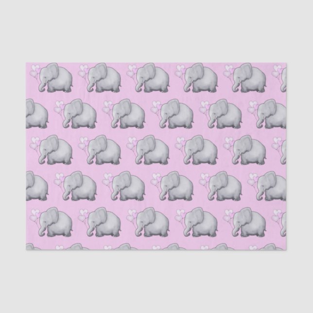 Cute Elephant with Heart Balloons Pink Baby Shower Tissue Paper (Front)