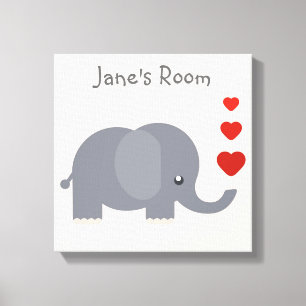 Cute elephant with hearts customisable kid's art canvas print