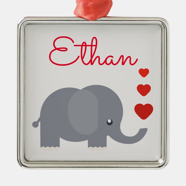 Cute elephant with hearts personal name metal tree decoration (Front)