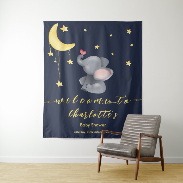 Cute Elephant With Little Butterfly Baby Shower Tapestry (In Situ)