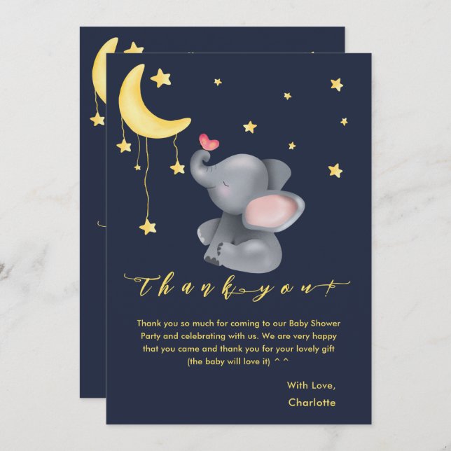 Cute Elephant With Little Butterfly Baby Shower Thank You Card (Front/Back)