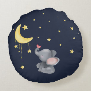 Cute Elephant With Little Butterfly Under The Moon Round Cushion