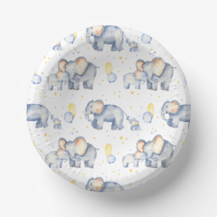 Cute Elephant with Mummy Watercolor Baby Shower Paper Plate