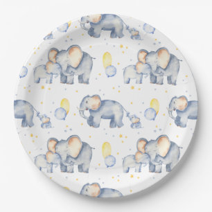 Cute Elephant with Mummy Watercolor Baby Shower Paper Plate