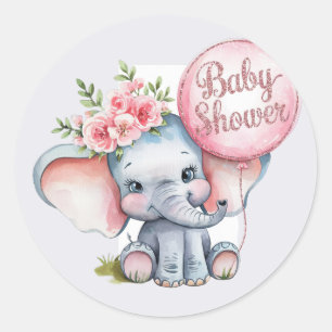 Cute Elephant with Pink Balloons Girl Baby Shower Classic Round Sticker