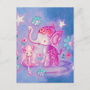 Cute Elephant With Pink Haired Girl Postcard