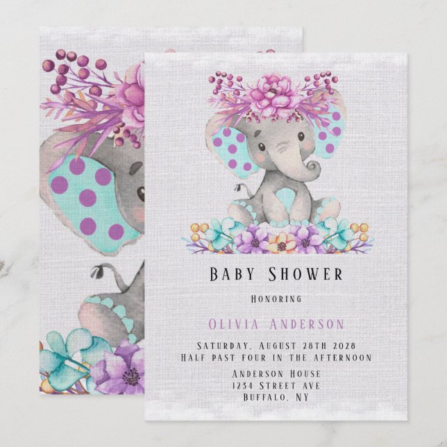 Cute Elephant with Purple Teal Floral Baby Shower Invitation (Front/Back)