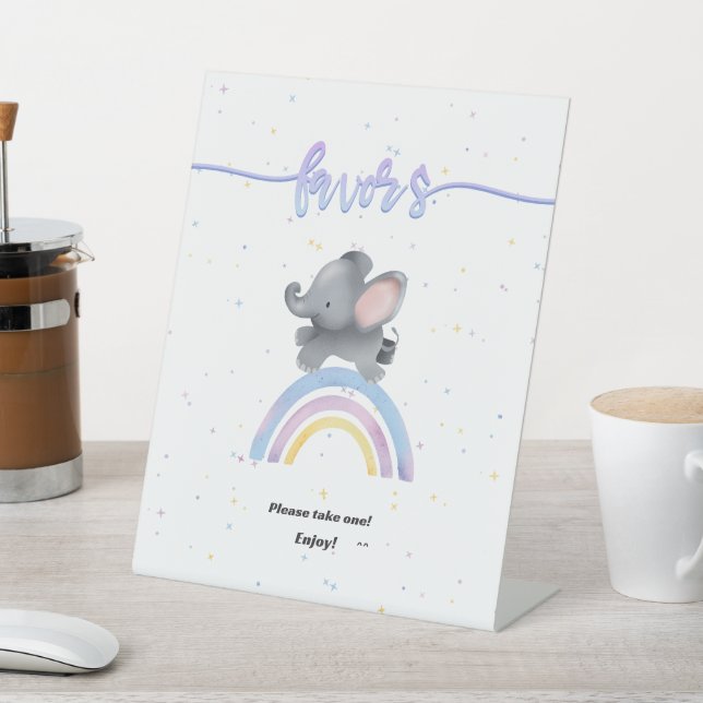 Cute Elephant with Rainbow Baby Shower Favours Pedestal Sign (In SItu)