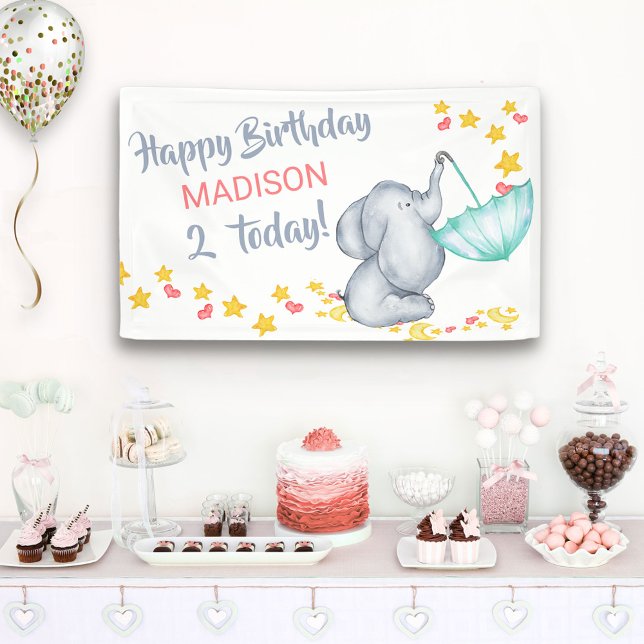 Cute Elephant with Umbrella Girls Birthday Party Banner (Creator Uploaded)