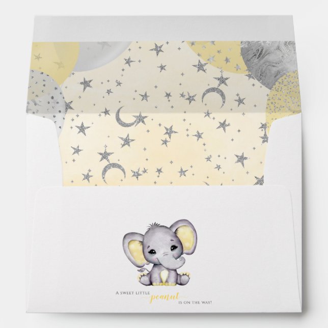 Cute Elephant Yellow Balloons Baby Shower Envelope (Back (Bottom))