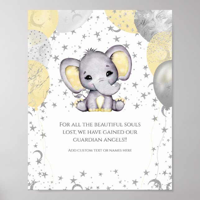 Cute Elephant Yellow Balloons Baby Shower Memorial Poster (Front)