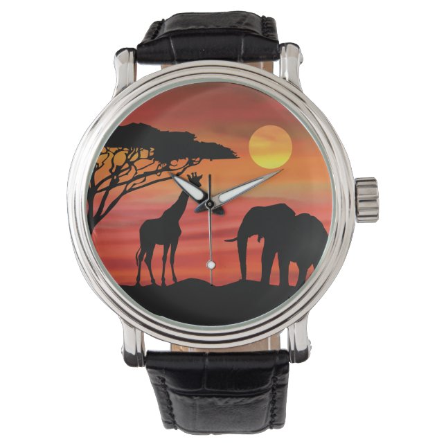 Cute Elephants and Giraffe in the Serengeti Watch (Front)