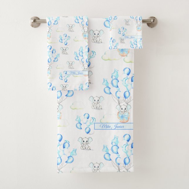 Cute Elephants Balloons & Clouds Baby Boy Pattern Bath Towel Set (Insitu)