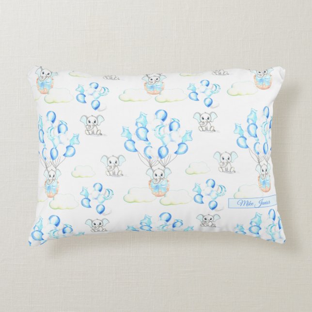 Cute Elephants Balloons & Clouds Baby Boy Pattern Decorative Cushion (Front)