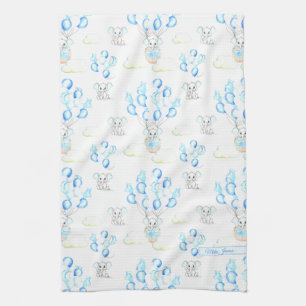 Cute Elephants Balloons & Clouds Baby Boy Pattern Tea Towel