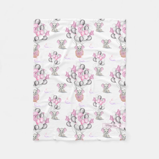 Cute Elephants Balloons & Clouds Baby Girl Fleece Blanket (Front)