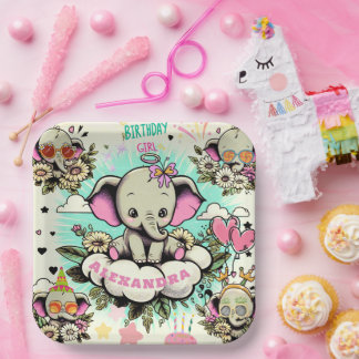 Cute Elephants Birthday Girl Paper Plate