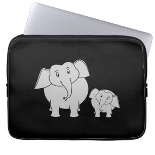 Cute Elephants. Cartoon on Black. Laptop Sleeve