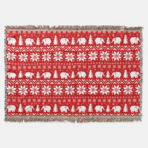 Cute Elephants Christmas Holiday Pattern Red Xmas Throw Blanket