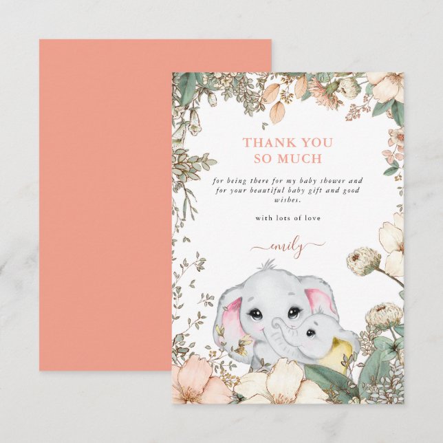 Cute Elephants Foliage Coral Baby Shower Thank You Card (Front/Back)