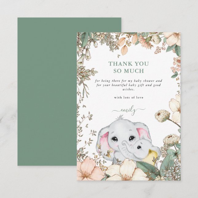 Cute Elephants Foliage Sage Green Baby Shower Thank You Card (Front/Back)