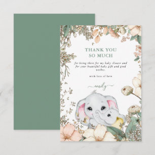 Cute Elephants Foliage Sage Green Baby Shower Thank You Card