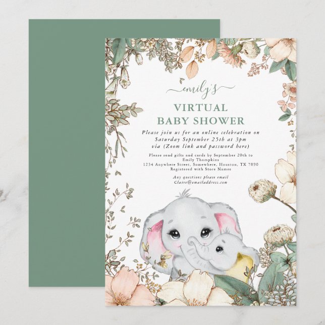 Cute Elephants Foliage Sage Virtual Baby Shower Invitation (Front/Back)