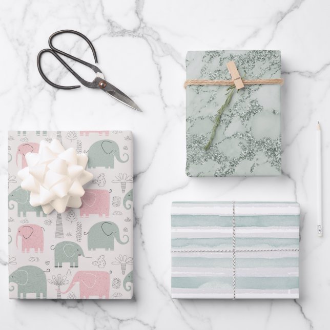 Cute Elephants Hand Drawn Gift Wrapping Paper Sheet (Front)