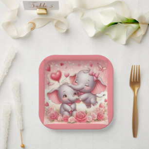 Cute Elephants Hugs Hearts Roses Paper Plates